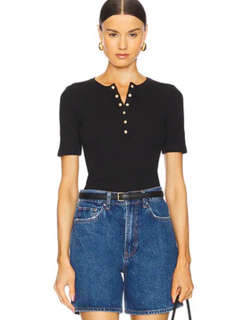 ANINE BING ALESSIA T-SHIRT Women’s Black Short Sleeve Ribbed Henley